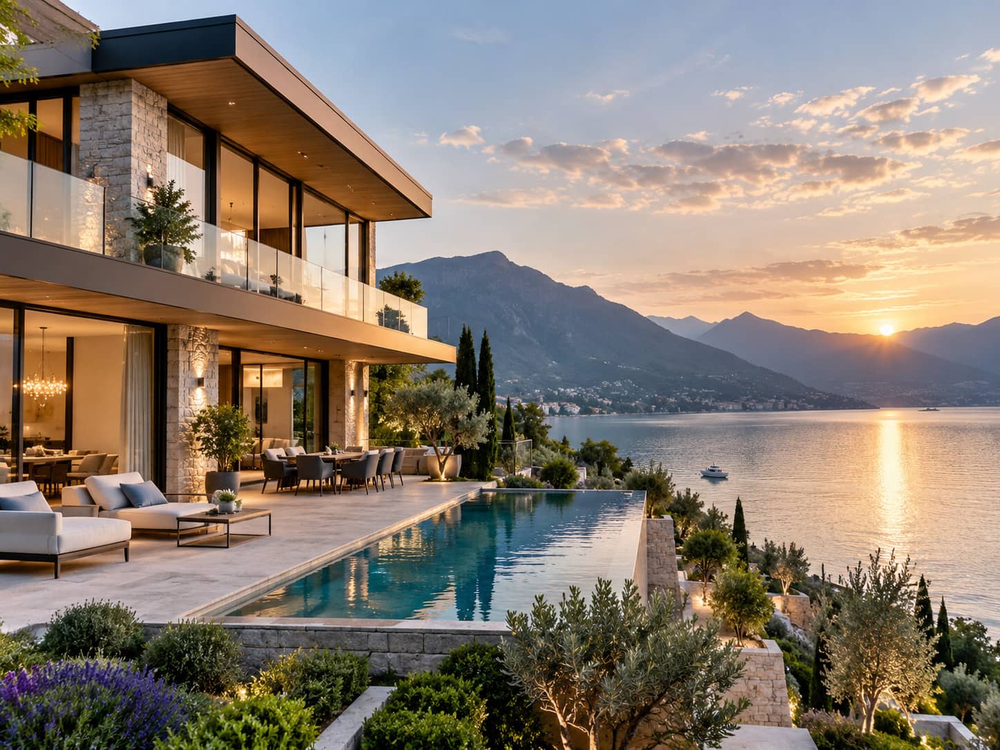 Villa mit Infinity-Pool am See bei Sonnenuntergang